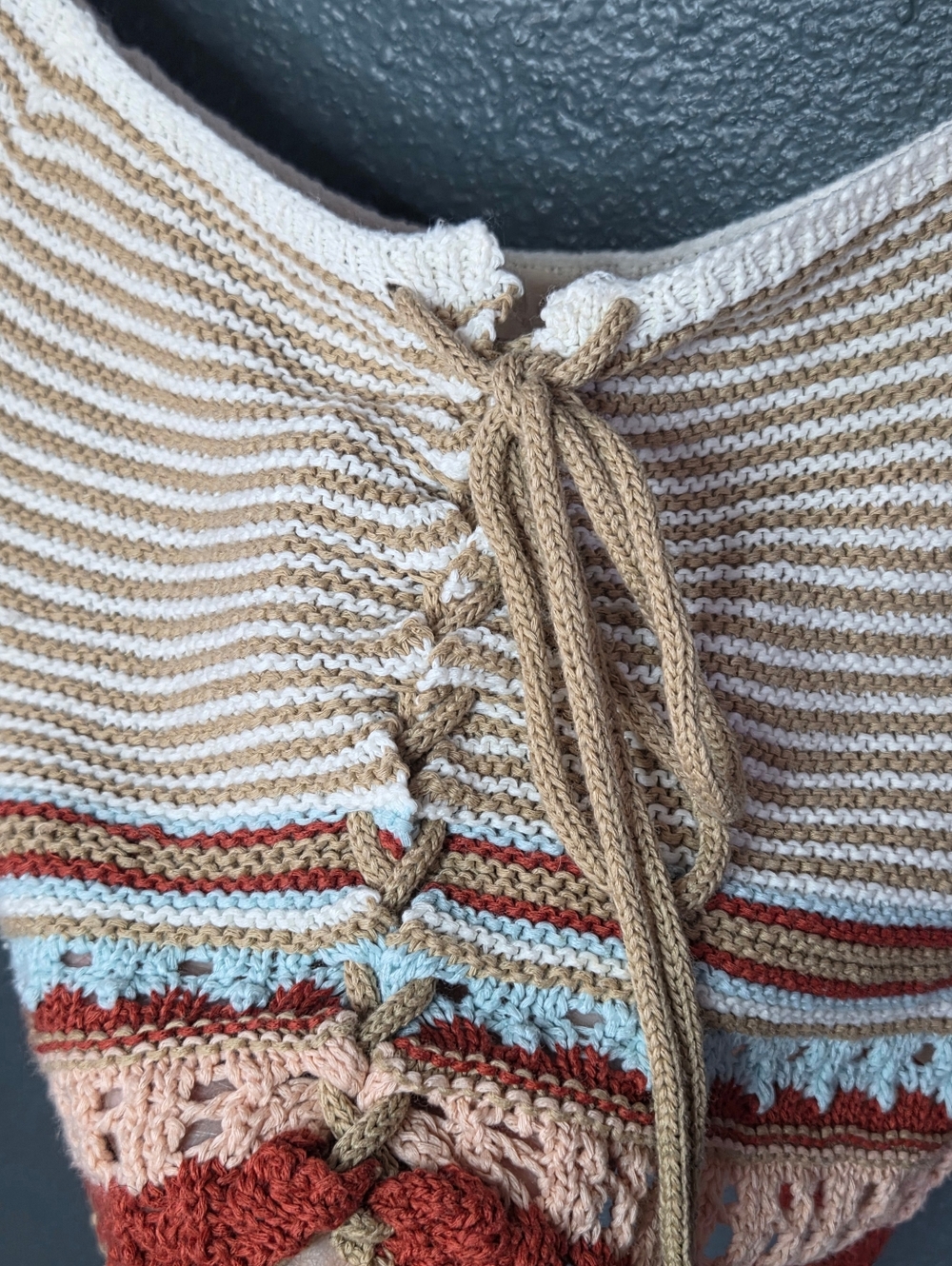 Altar'd State Striped Crochet Lace-Up Crop Top in Beige, Rust & Blush, size Med - Picture 3 of 9